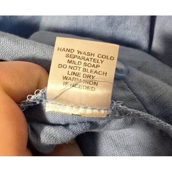 For Cynthia Linen Blouse L Blue Cropped Tie Waste Buttons Ruffles Bell Sleeve - Picture 6 of 12